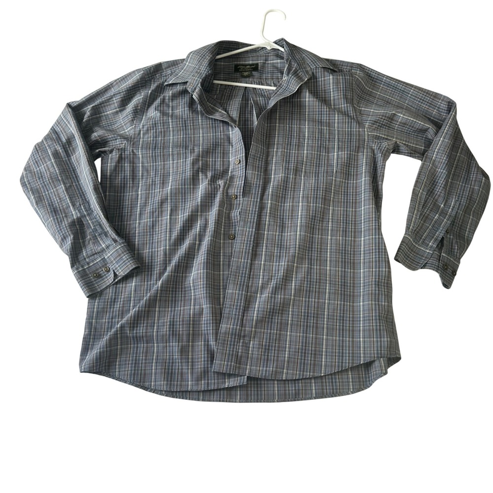 Eddie Bauer Mens Large Tall Relaxed Fit Plaid Button Dn Shirt Blue Brown Cotton